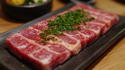 Fototapeta premium A glistening slab of raw pork meat, its pink hue hinting at its tender texture, ready to be transformed into a culinary masterpiece.