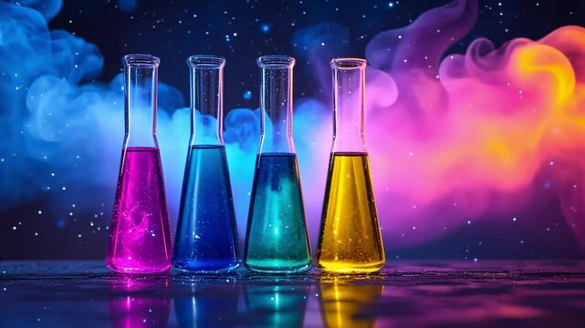 Colorful lab beakers with vibrant liquids in a smoky lab setting footage