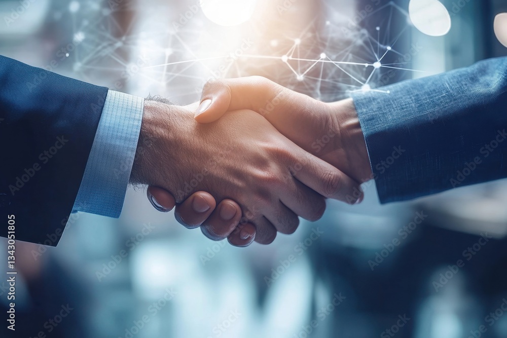 Poster close-up of hands shaking in a professional business environment with digital elements representing 