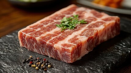 A glistening slab of uncooked, pink pork fat, its surface adorned with marbling, promising succulent flavor and savory aroma.