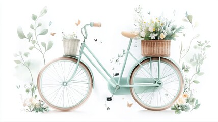 Fototapeta premium Charming vintage bicycle with flower basket in a pastel countryside setting. Generative AI