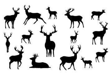Silhouettes of deer black and white vector illustration 