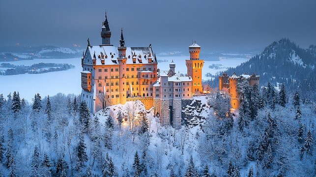 Majestic snow-covered castle atop a hill, bathed in golden light at twilight. Mountainous, winter wonderland scenery - Powered by Adobe
