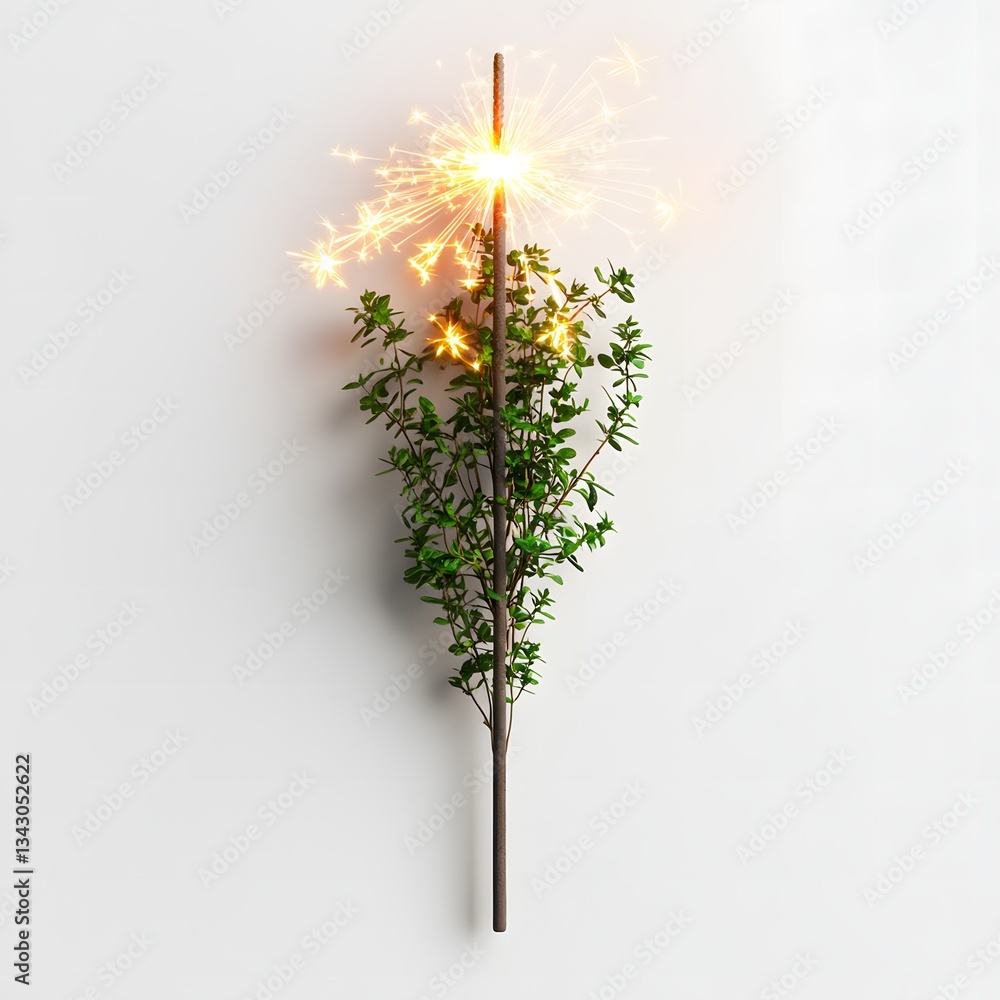 Poster a minimalist image featuring a lit sparkler nestled within a small green plant against a bright whit