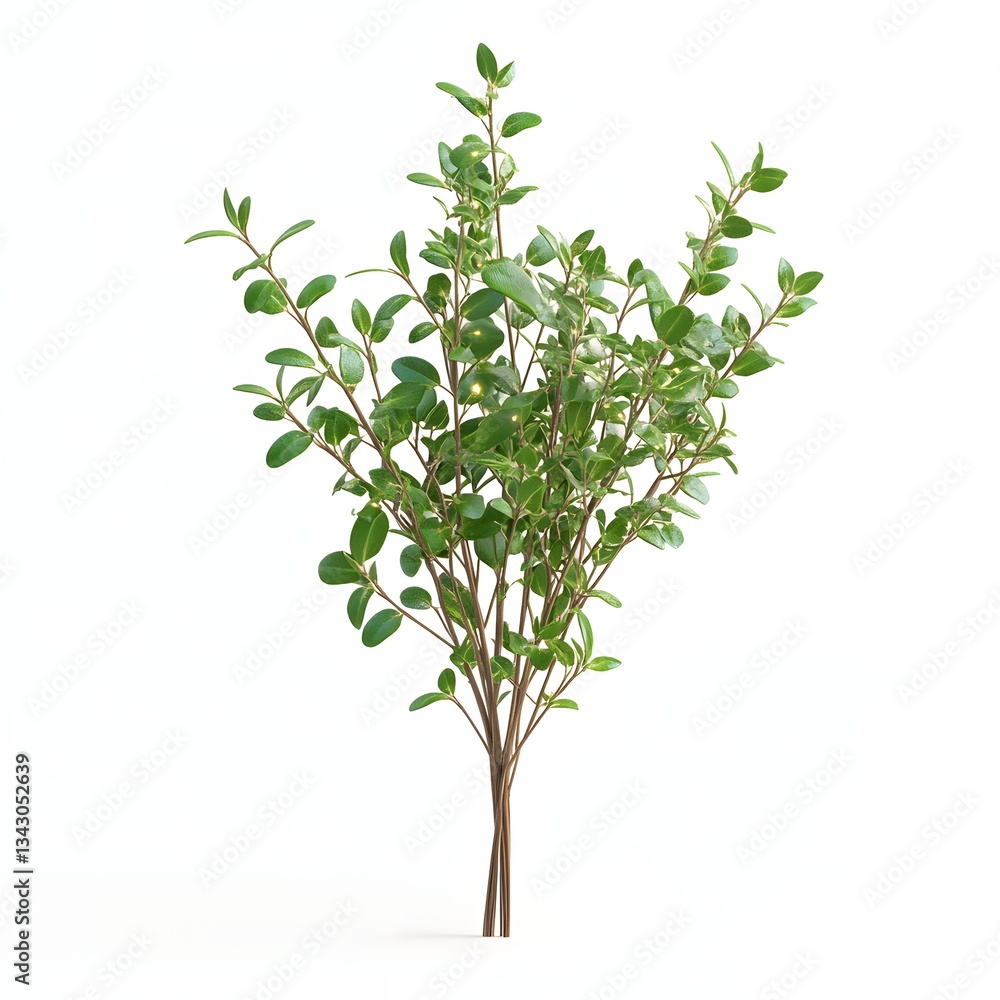 Poster a vibrant 3d rendered image of a green bush with glowing elements, set against a stark white backdro