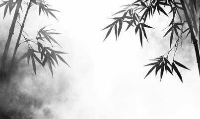 Abstract black and white ink painting of a bamboo forest with a misty background