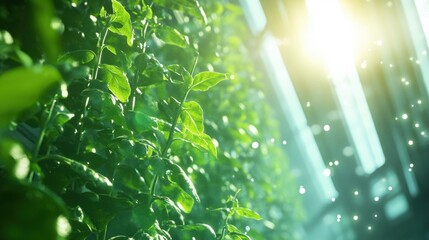 Lush green plants thriving under bright sunlight in a greenhouse, with droplets of water glistening on leaves, creating a serene atmosphere for growth and cultivation