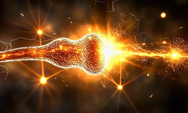 Bright explosion of energy depicting a synapse firing with dynamic light effects in a dark background