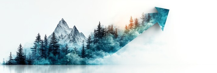Serene mountain landscape forming an upward arrow, symbolizing growth and progress. Teal and white color palette.