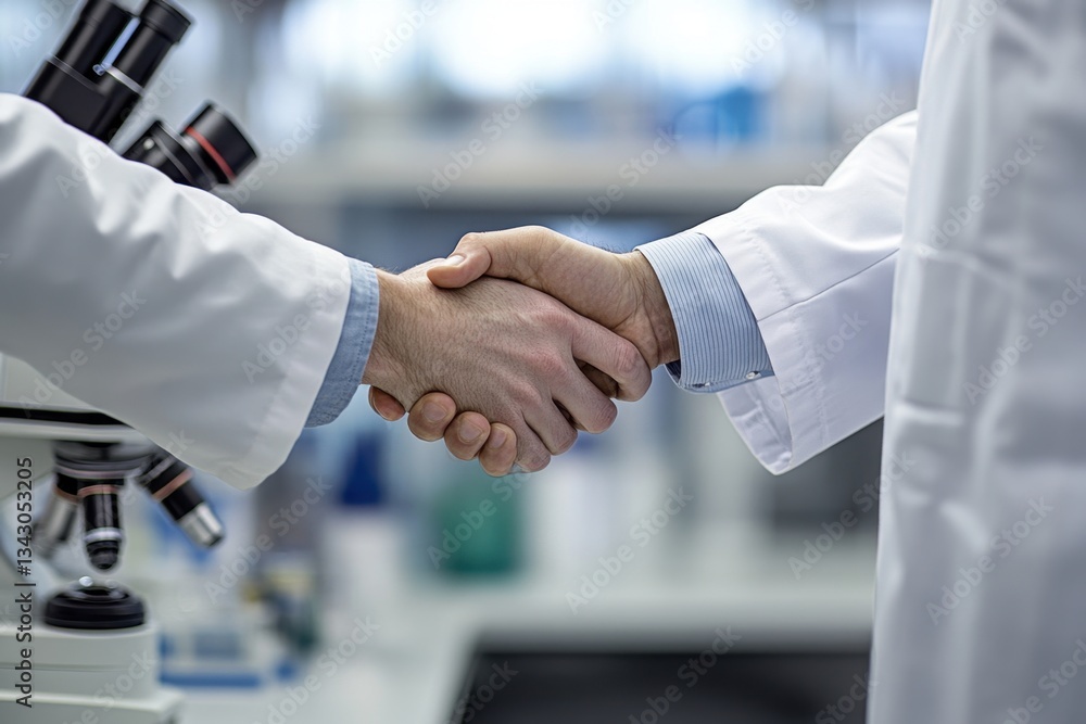 Aufkleber collaborative effort in scientific research between two professionals shaking hands in a laboratory 