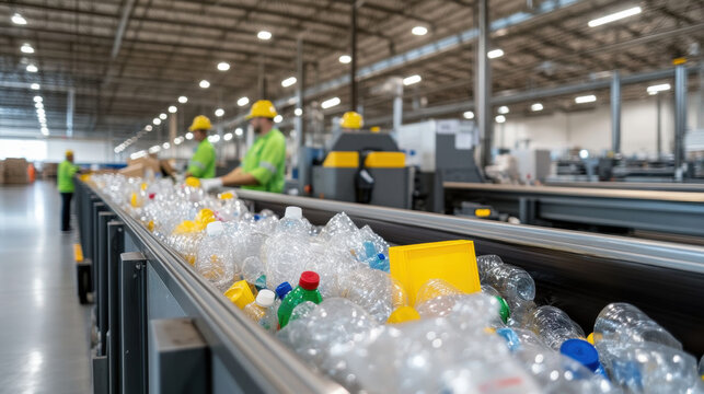 Workers sorting plastic bottles on conveyor belt in recycling facility, promoting circular economy