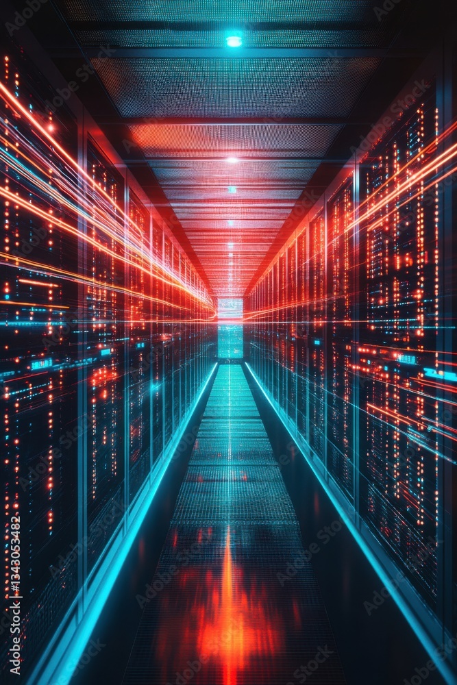 Aufkleber digital data corridor: a futuristic server room with vibrant lights and fast data streams