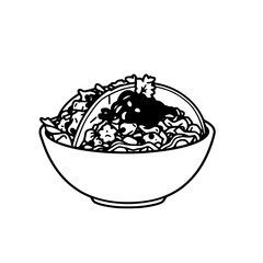 black outline vector of a taco bowl filled with seasoned meat, vegetables, and salsa