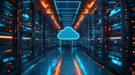 Futuristic Server Room with Glowing Neon Lights and Cloud Computing Icon