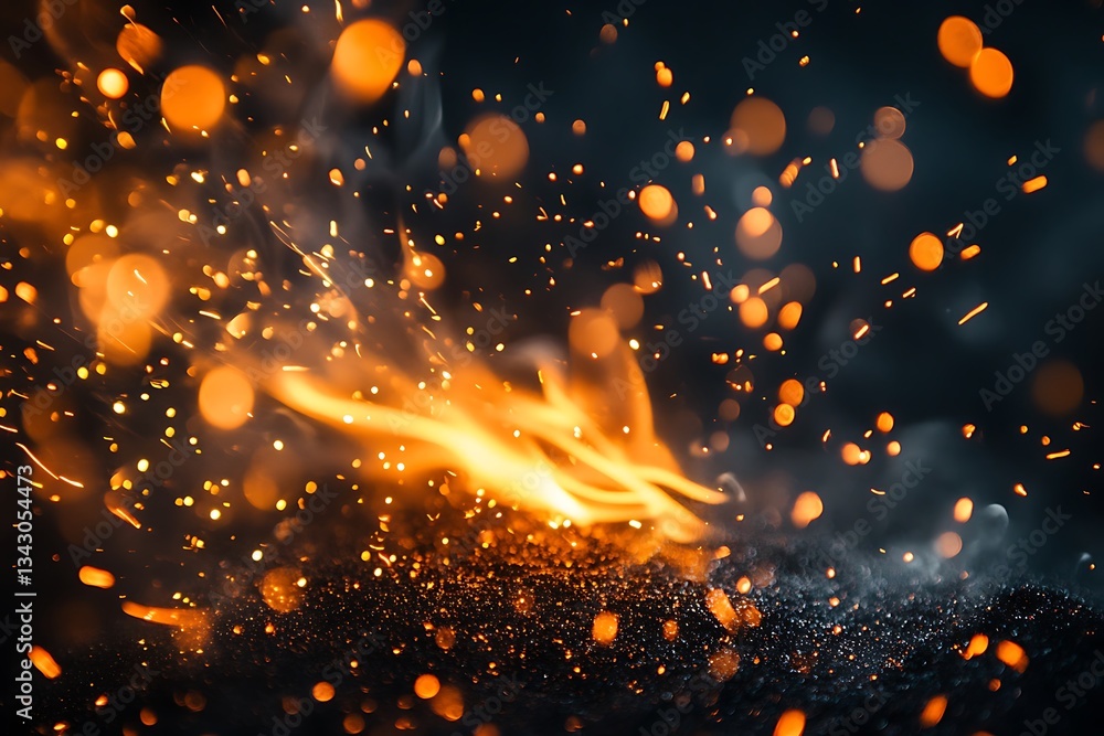 Aufkleber fiery embers and sparks abstract background image with glowing orange and yellow particles