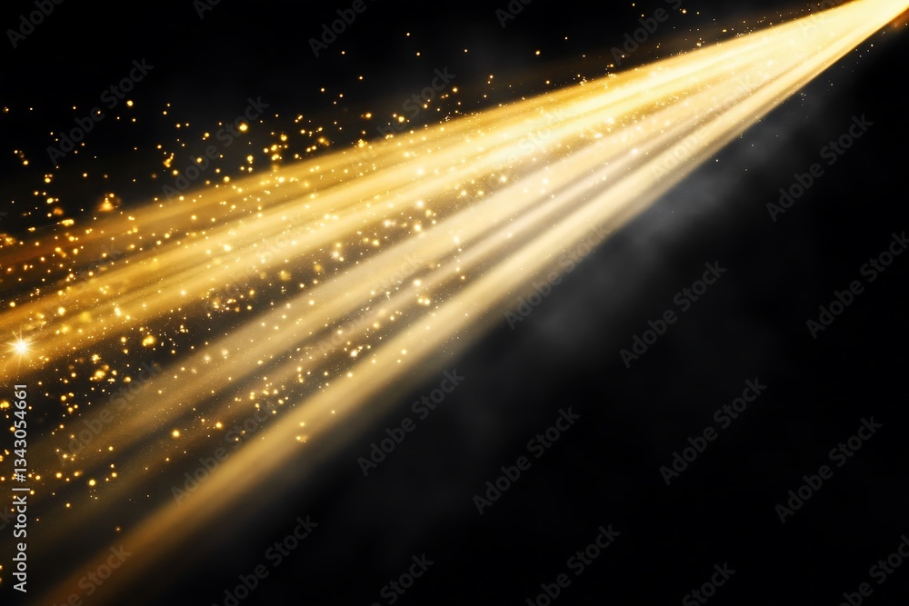 Poster golden light rays with sparkling dust on black background abstract design