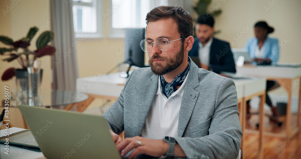 Poster businessman, developer and typing with laptop in office, software solution and research for ux. cowo