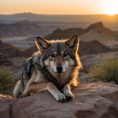 Lone Arabian Wolf Relaxing on a Rocky Perch, Watching the Sunset in the Desert