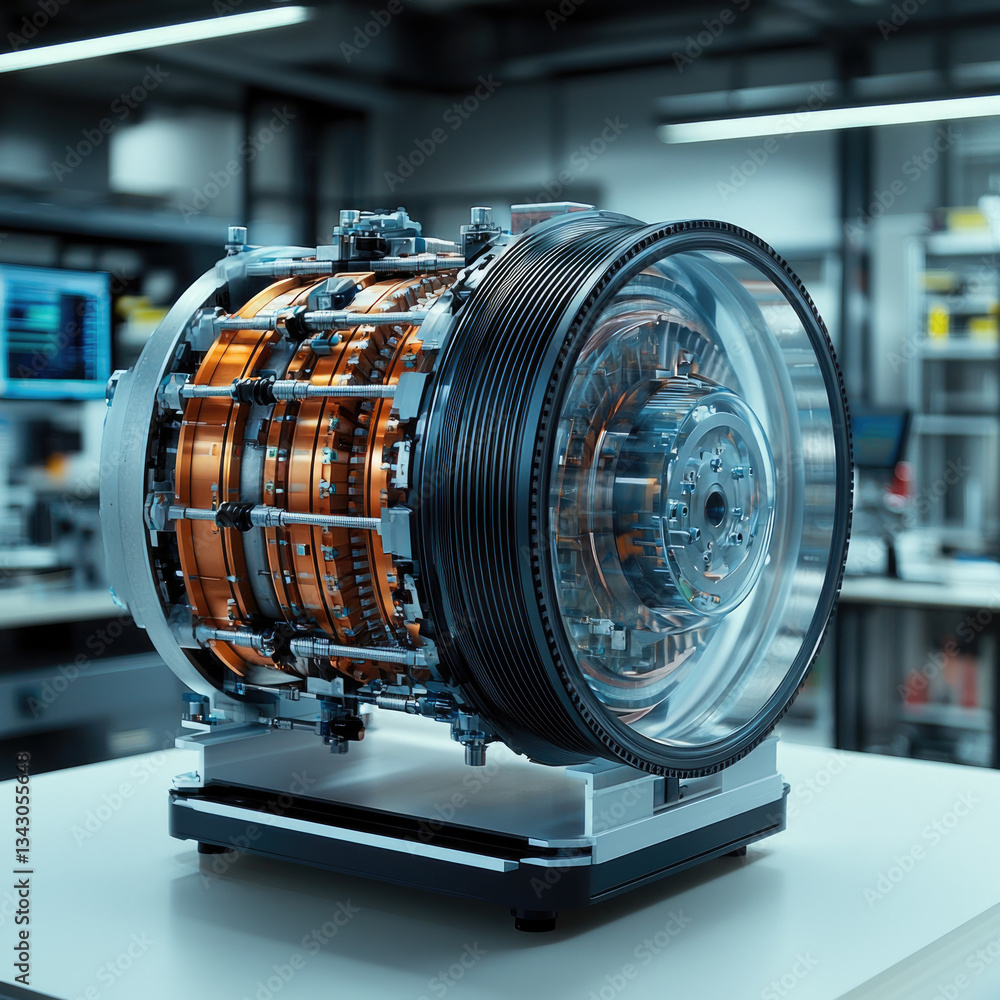 Poster sleek, futuristic electric motor displayed in modern laboratory setting, showcasing intricate compon