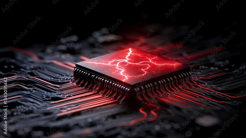 Poster futuristic ai processor chip with electric power and circuitry