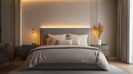 A minimalist bedroom featuring light taupe bedding, a gray upholstered headboard, and soft lighting creating a peaceful atmosphere