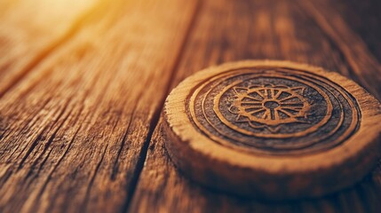Close-up of an intricately carved wooden disc resting on a rustic wooden surface. Warm, earthy tones and natural textures create a serene atmosphere.