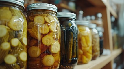 Close-up image of Pickled Foods focusing on intricate details of vegetables and fruits in jars, highlighting textures, colors, and variety, creating an appetizing, immersive scene.