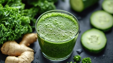 A refreshing elixir, a vibrant green symphony of kale, spinach, cucumber, and ginger, blended to perfection for a healthy and revitalizing experience.
