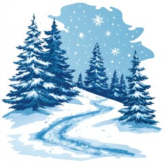 Fototapeta premium Snowy Winter Wonderland: A Serene Path Through a Blue-Hued Forest