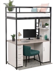Fototapeta premium Modern loft bed with desk below, study corner at home. Room decor and organization, lifestyle