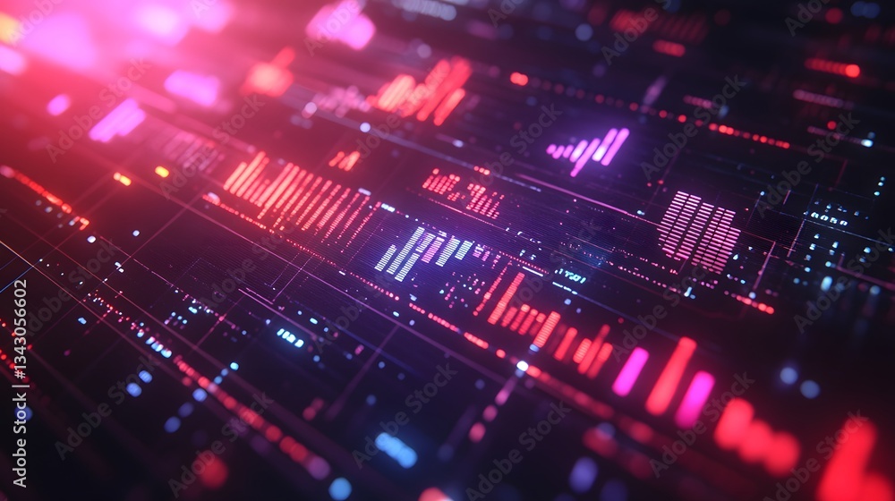 Poster abstract digital data visualization with glowing red and purple lights