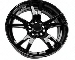 Obraz premium Glossy black car wheel isolated on white background