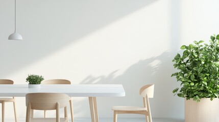 A minimalist dining space with a Scandinavian touch, showcasing a white table, light oak chairs, and a planter filled with green foliage