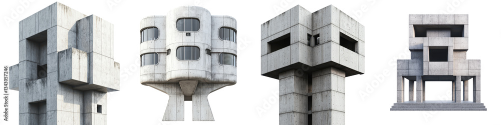 Poster a striking collection of modernist brutalist concrete architectural structures featuring bold geomet