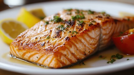 A golden-brown masterpiece of grilled salmon, its flaky texture promising a burst of oceanic goodness.