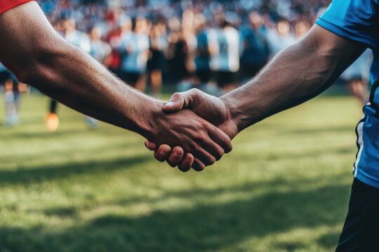 Handshake between two soccer players on a green field after a match showcasing sportsmanship and camaraderie in competitive athletics