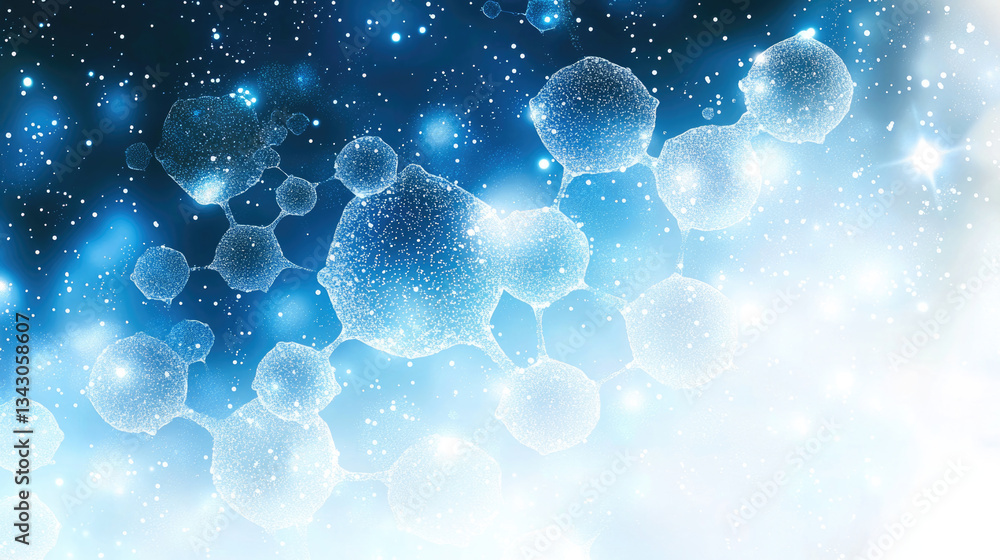 Poster abstract molecular structure with blue and white tones, showcasing interconnected particles and star