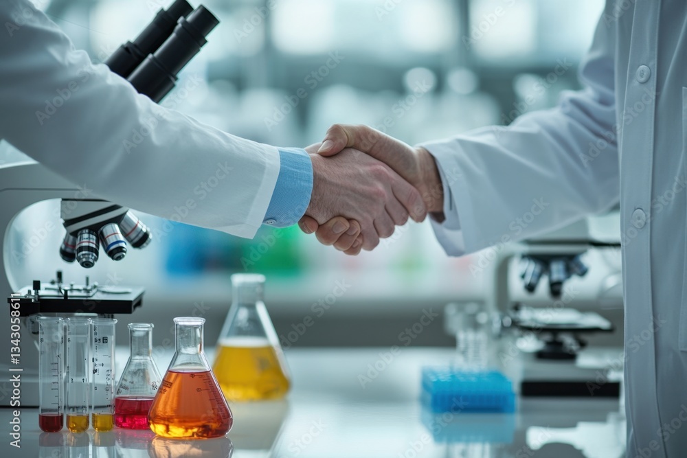 Poster laboratory collaboration between two scientists shaking hands over microscope and test tubes with co