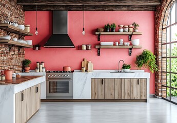 Modern Kitchen with Coral Walls, Wooden Cabinets, and Marble Countertops