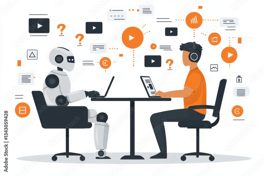 Poster illustration of a robot and person collaborating with technology and data icons.