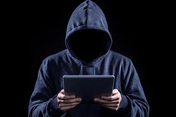 Mysterious Figure in Dark Hoodie Using Tablet in Shadowy Environment, Emphasizing Themes of Technology, Identity, and Anonymity in Digital Age