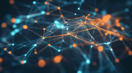dynamic canvas of interconnected dots and lines visualizes complex network, with glowing orange and blue nodes creating futuristic and abstract digital landscape