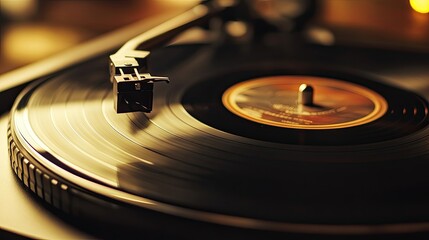 Vintage Record Player With Spinning Vinyl Disc Close Up Shot