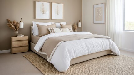 Fototapeta premium A modern neutral-toned bedroom with white and beige bedding, taupe walls, and a light woven rug adding texture to the space