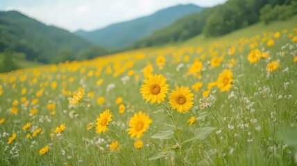 Fototapeta premium Sunflowers in a Mountain Field