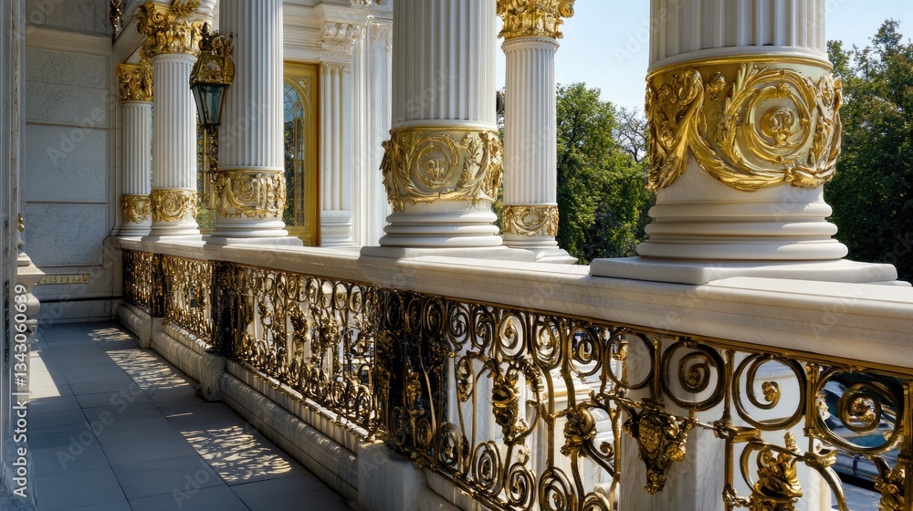 Poster elegant golden railings and columns in scenic architectural setting