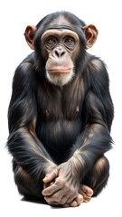 Naklejka premium A thoughtful chimpanzee sits with hands clasped, showcasing deep eyes and expressive features.