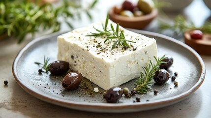 A wedge of creamy, crumbly feta cheese, studded with briny olives and aromatic herbs, ready to elevate the flavors of a classic Greek salad.