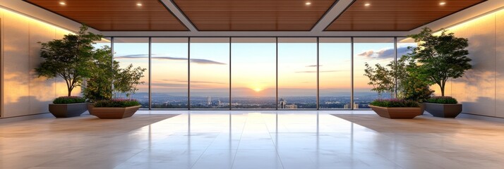 Serene sunset view from a modern high-rise building's interior. Large windows offer panoramic city vistas, complemented by minimalist decor and potted plants.
