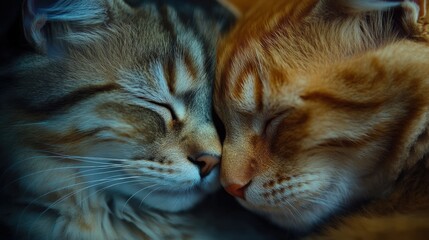 A close-up of two cats snuggling, their noses touching and eyes closed, capturing a tender and loving moment